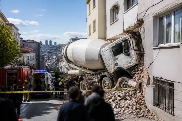 Ümraniye'de beton mikseri yolda kontrolden çıktı, sürücü sıkıştı ve yaralandı