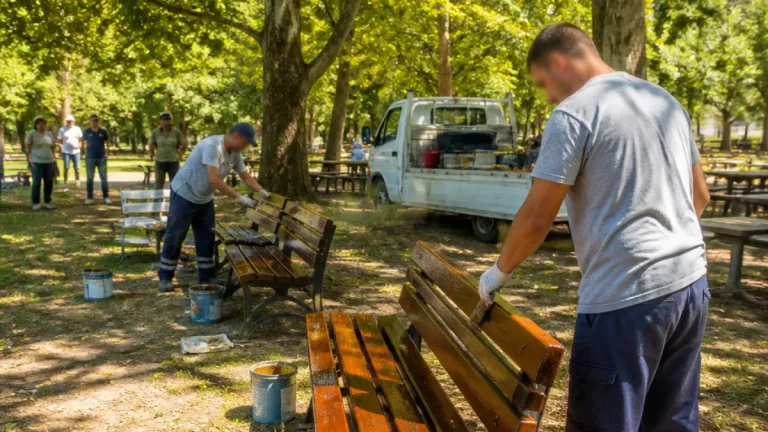 Yenice'de Çırapazarı'nda Başkan Sertaş Karakaş ahşap bankları kendisi boyadı